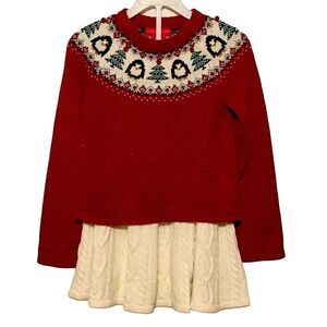 JINGLES & JOY Holiday Outfit Sweater & Skirt Penguins Cable Knit Red Cream Sz 4T